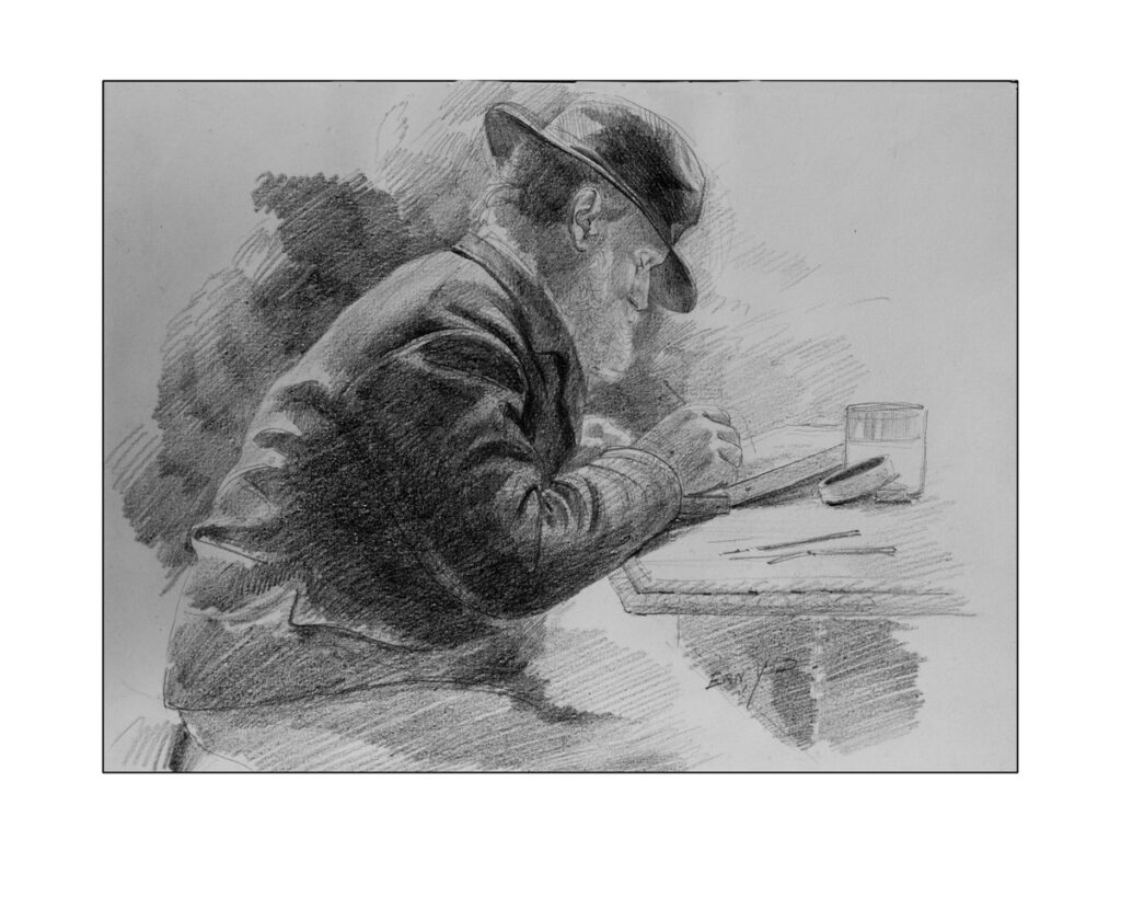 Yan' Dargent à sa table de travail. Dessin au crayon par son fils Ernest Dargent. Collection musée Yan' Dargent © Musee Yan' Dargent Saint-Servais - Photo Albert Pennec